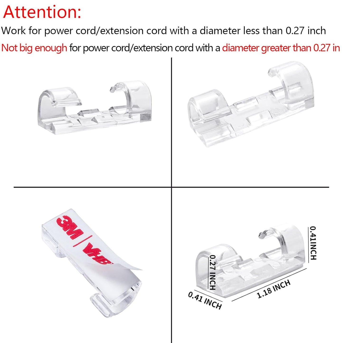 Self-Adhesive Cable Clips Organizer Drop Wire Holder Cord Management, Max Fitting Cable Diameter 0.27 inch, Pack of 20, Transparent