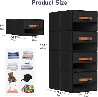 DIMJ Closet Organizers and Storage - Fabric Bins with Drawers for Closet Foldable Clothes Organizers with Clear Window, Stackable Storage Drawers Units for Bedroom, Living Room, 4-Pack, Grey