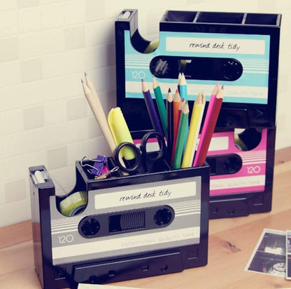 Cassette Tape Dispenser Pen Holder Vase Pencil Pot Stationery Desk Tidy Container Office Stationery Supplier Gift-onepalace (Black)