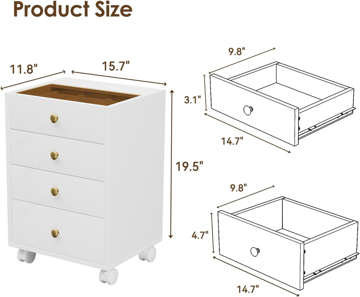 JanlyHome Under Desk Storage, 4 Drawer Small File Cabinet, Chest of Drawer with Glass Top, Mobile Printer Stand with Lockable Wheels for Home Office Study, White