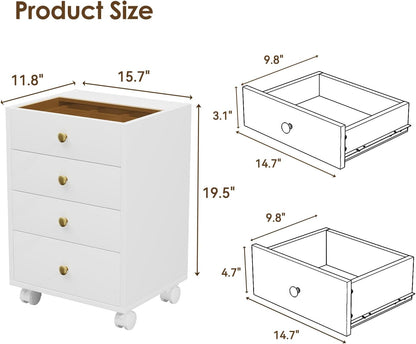 JanlyHome Under Desk Storage, 4 Drawer Small File Cabinet, Chest of Drawer with Glass Top, Mobile Printer Stand with Lockable Wheels for Home Office Study, White