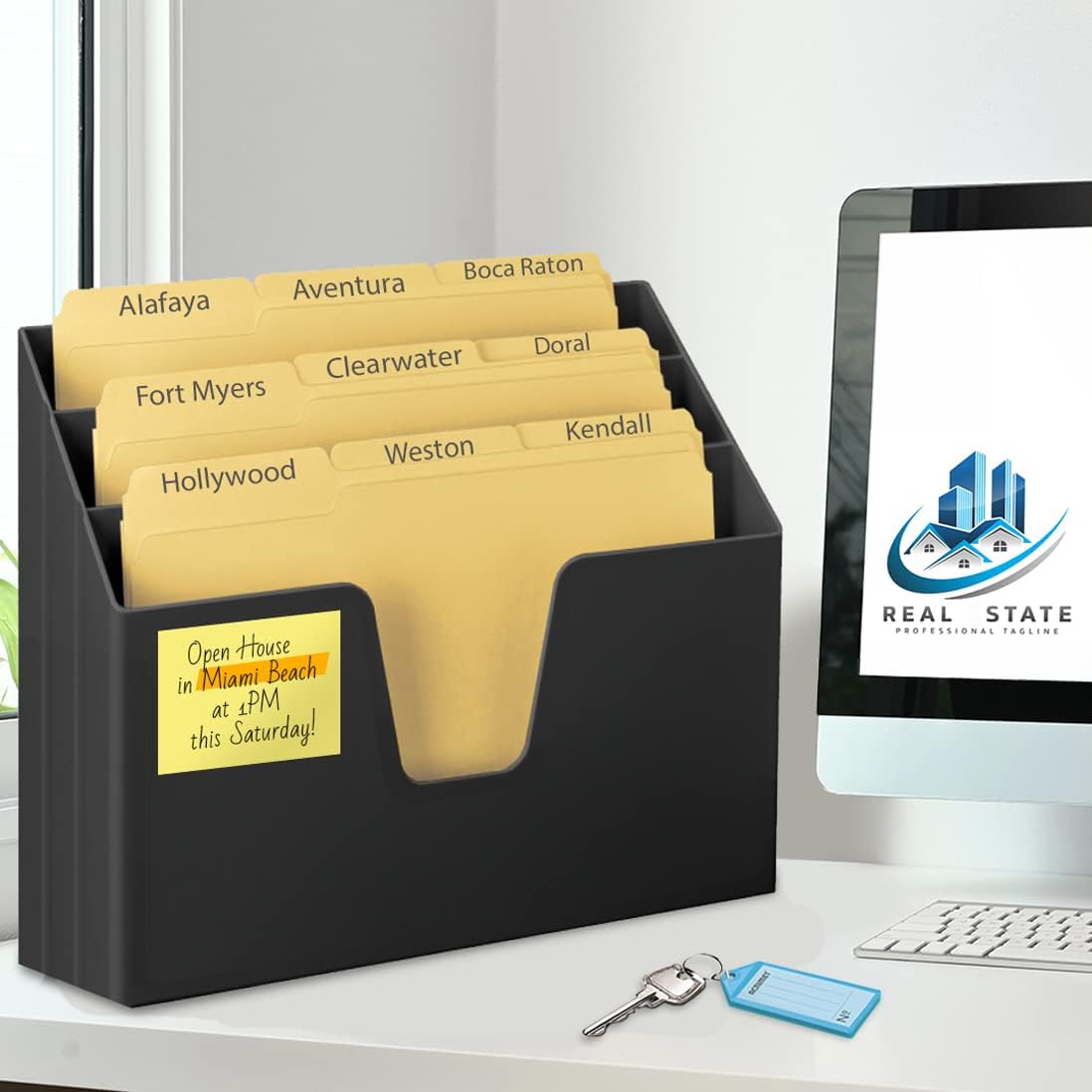 Acrimet Horizontal Triple File Folder Holder Organizer, Open-Top Desktop Document Sorter for Letter Size Papers & Folders, Includes 9 Manila Folders, Plastic Black