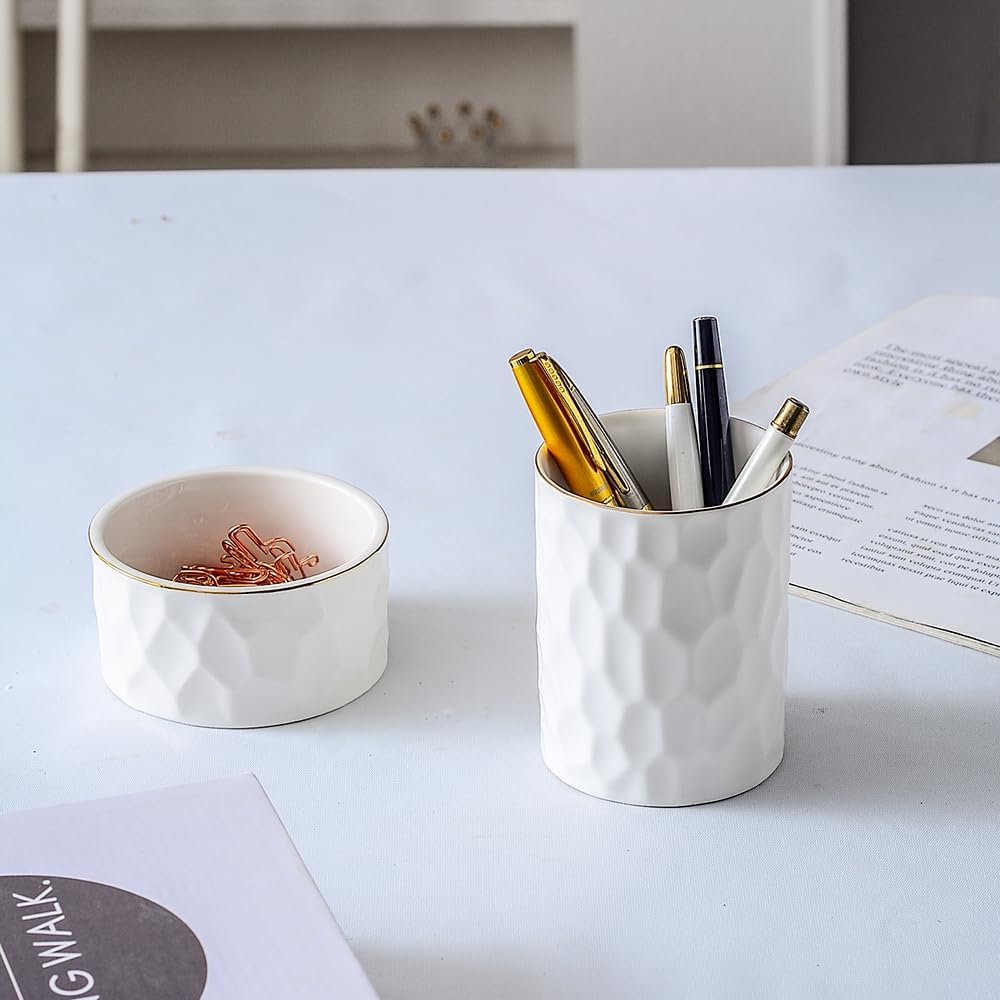 Ceramic Aesthetic Pen Holder for Desk Cute White Pencil Holder Cup Pot Desk Organizer Office Supplies - Stylish Office Decor, Makeup Brush Holder,Toothbrush Holder (White)