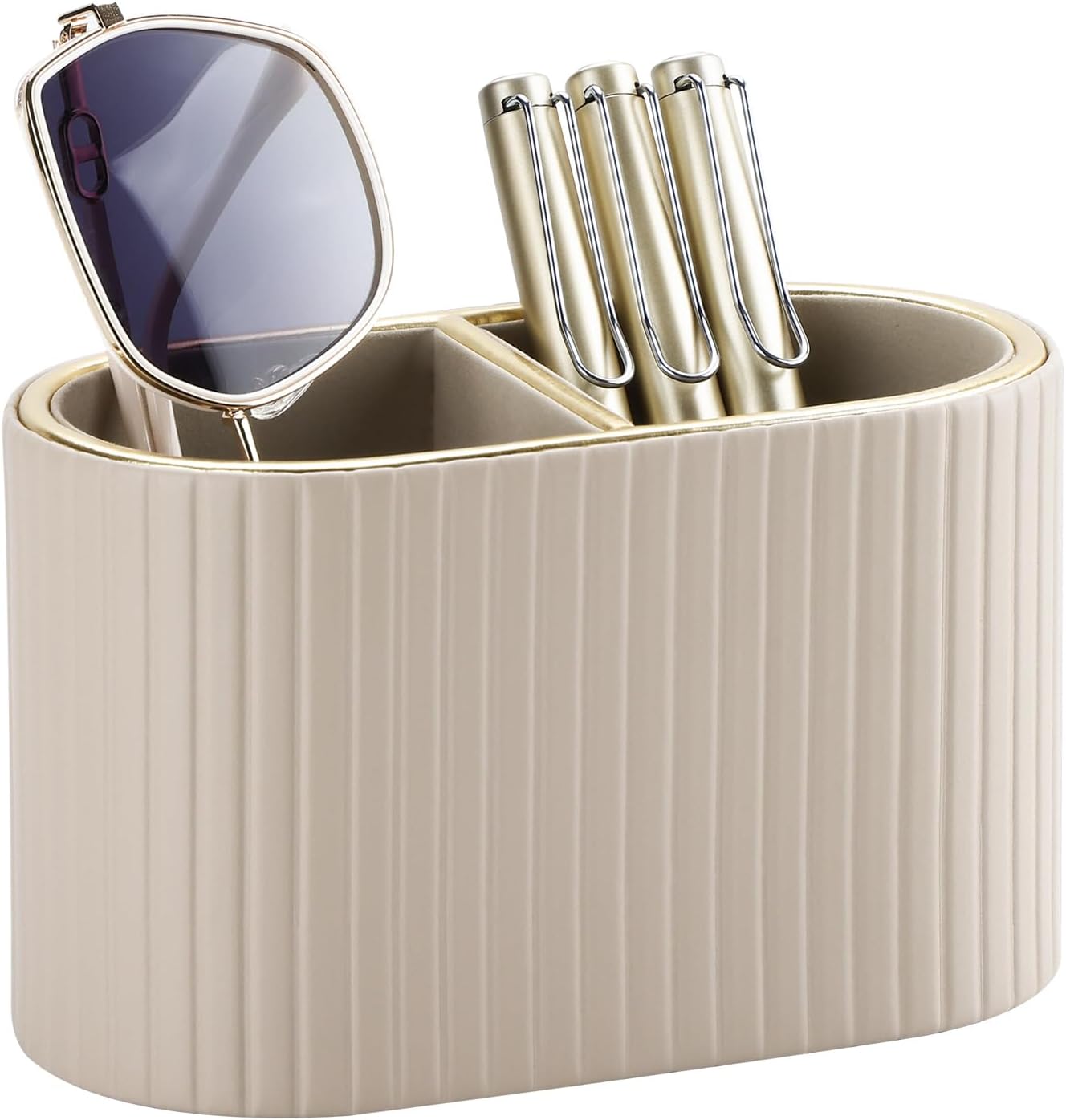 KINGFOM PU Leather Desk Organizer Pen Holder – Dual-Compartment Stylish Pencil Cup Remote Control Holder Desktop Supplies and Accessories Organizer Caddy for Office Home School (Light Beige)
