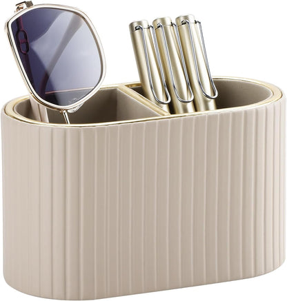 KINGFOM PU Leather Desk Organizer Pen Holder – Dual-Compartment Stylish Pencil Cup Remote Control Holder Desktop Supplies and Accessories Organizer Caddy for Office Home School (Light Beige)