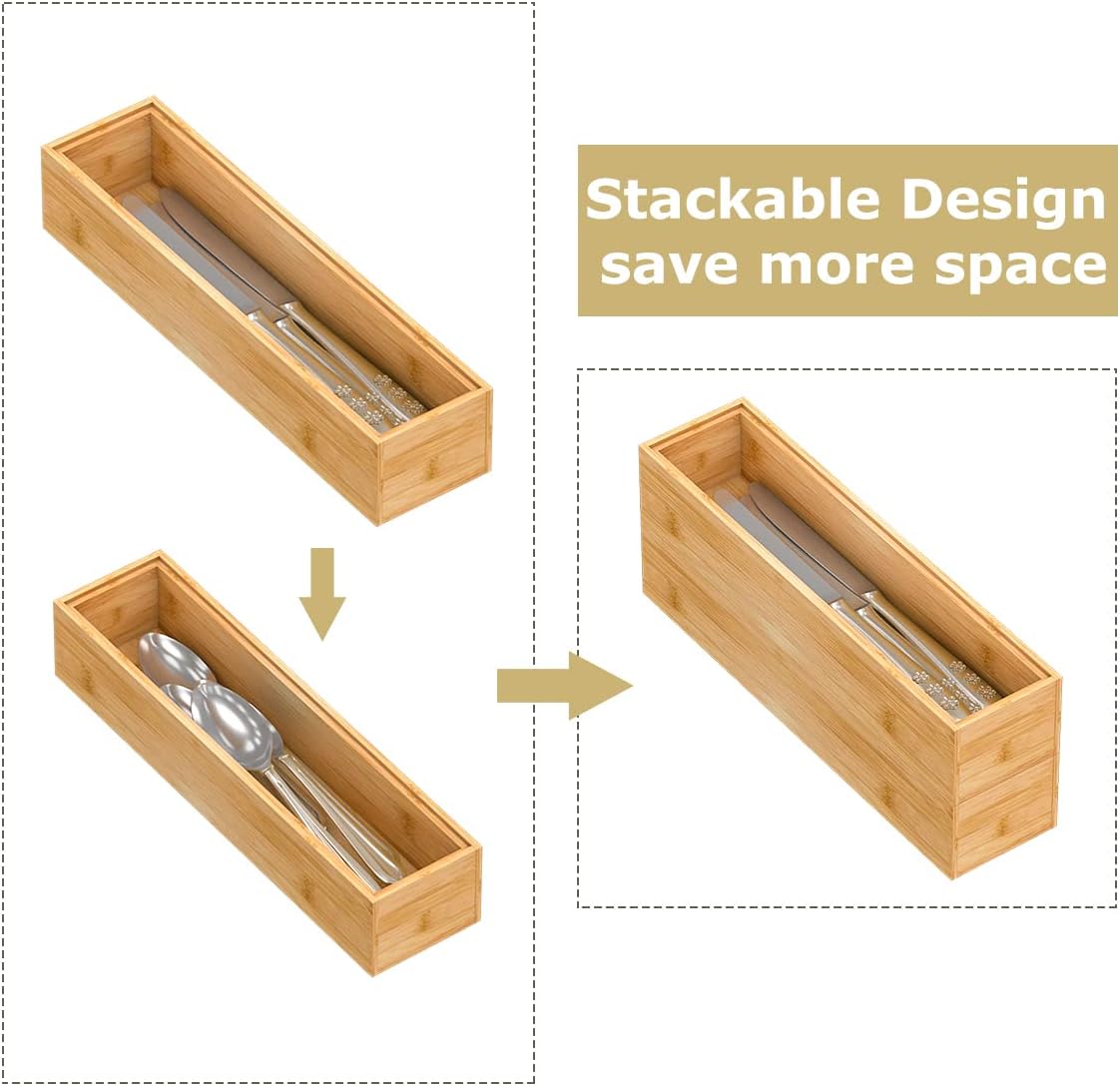 Bamboo Kitchen Drawer Organizer,Stackable Silverware Tray Utensil Organizer Cutlery Holder for Kitchen,Wooden Storage Box for Bathroom, Multi-Use Drawer Organizer for Office,Makeup(12x6x2.5 inch）