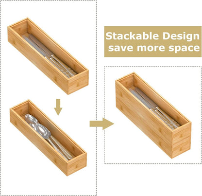 Bamboo Kitchen Drawer Organizer,Stackable Silverware Tray Utensil Organizer Cutlery Holder for Kitchen,Wooden Storage Box for Bathroom, Multi-Use Drawer Organizer for Office,Makeup(12x6x2.5 inch）