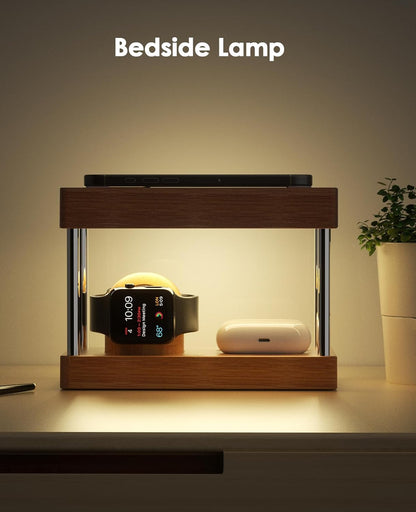 Bamboo Wireless Charging Station with Light: Ideal Gifts 4 in 1 Charging Station for Multiple Devices, Bedside Wireless Charger for iPhones 16-8/Pro/AirPods/iWatch