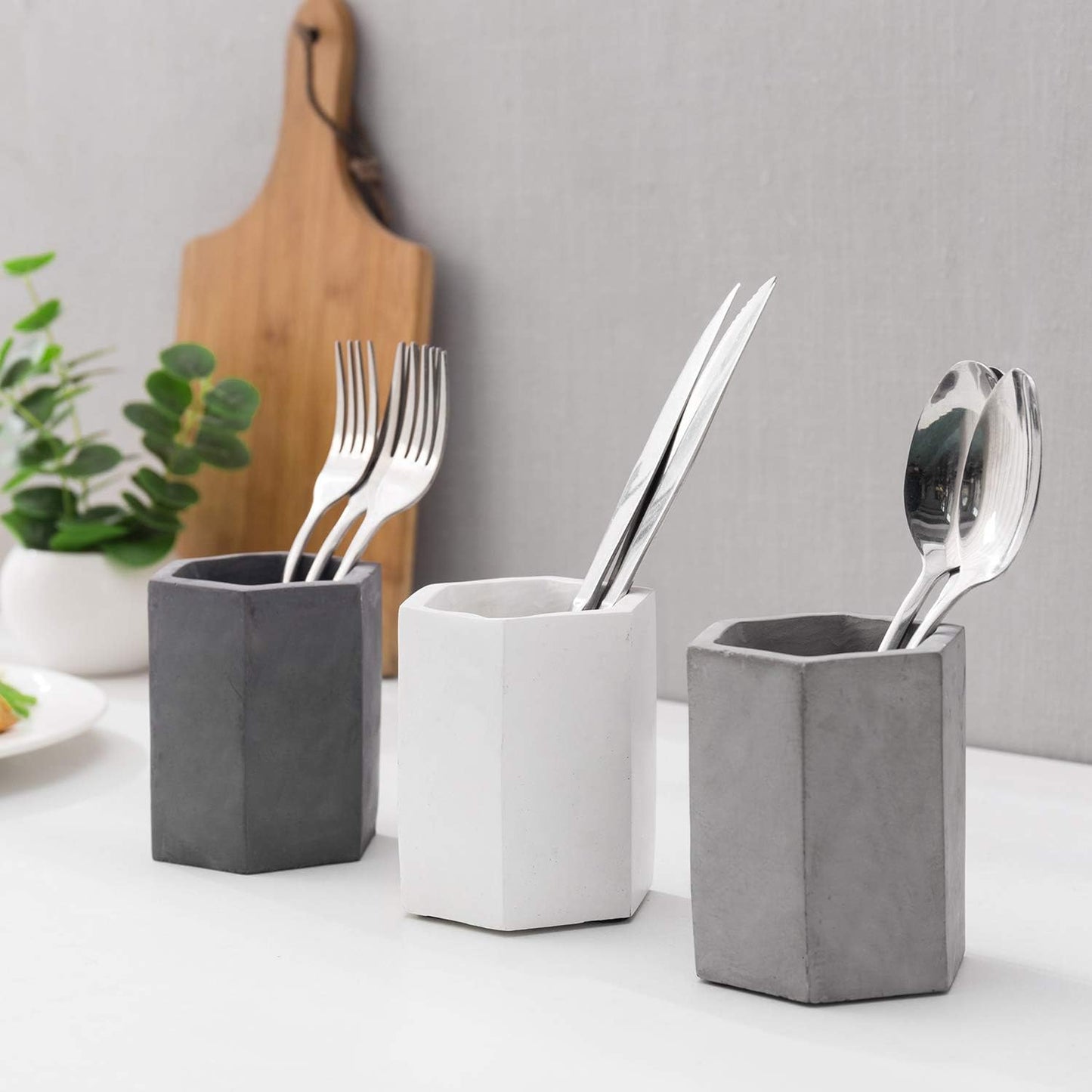 MyGift Pen Holder Pencil Holder For Desk,Pen Cup Holder For Desk,Concrete Desktop Pencil Cup,Modern Gray-Tone,Set of 3
