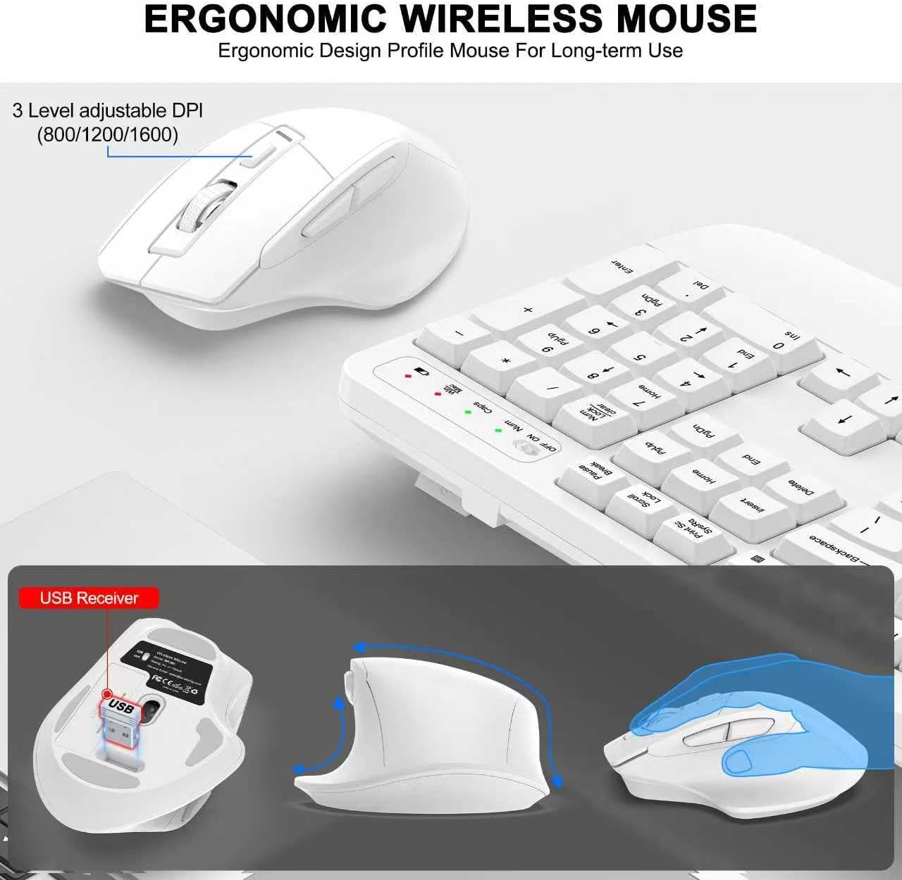 Wireless Keyboard and Mouse Combo, 2.4G Full Size Wave Keys Ergonomic Keyboard with Wrist Rest and 3-Level DPI Adjustable Wireless Ergonomic Mouse for Windows, Mac OS Desktop/Laptop/PC(Black)