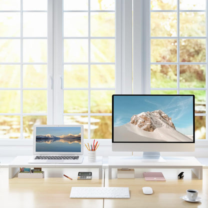 TEAMIX 20 inch White Monitor Stand Riser, Wood Desktop Stand for PC/TV/Laptop/Printer, White Monitor Riser with Storage, Computer Stand with Keyboard Organizer