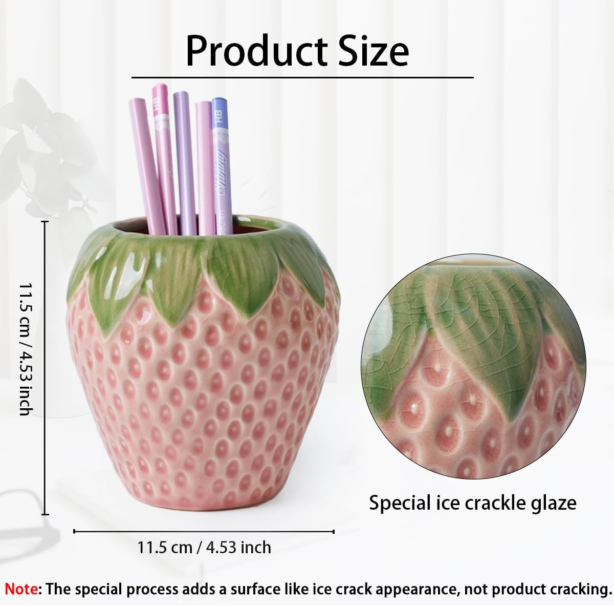 Strawberry Pencil Holder, Cute Pen Holder for Desk, Ceramic Pen Holder, Stand Makeup Brush Holder, for School, Home, Office Desk Decor(Pink)