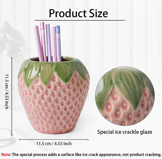 Strawberry Pencil Holder, Cute Pen Holder for Desk, Ceramic Pen Holder, Stand Makeup Brush Holder, for School, Home, Office Desk Decor(Pink)