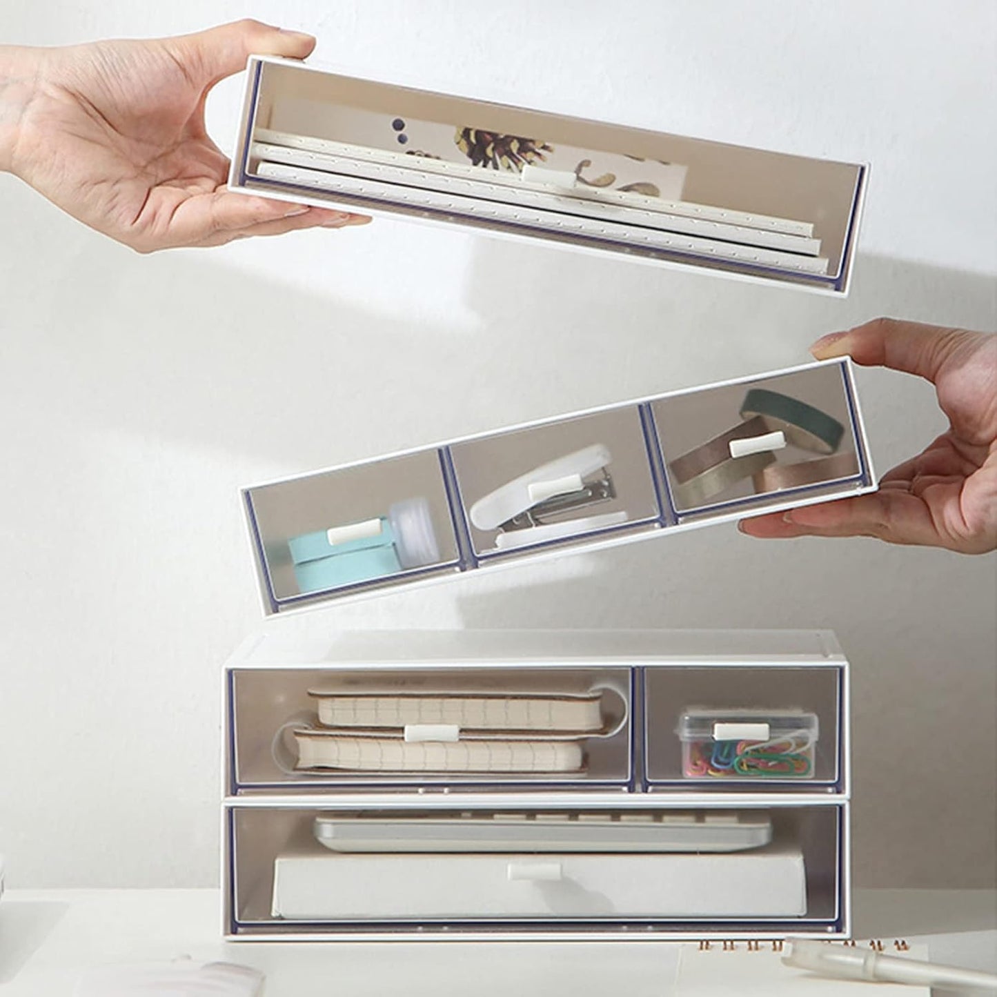 Desk Organizer with Drawers Stackable Storage Drawers, Plastic Compact Desk Storage Box Great for Office School Home Small Space- 1drawers (White)