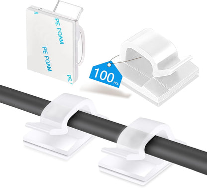 Abnii 100PCS Cable Clips, Adhesive Wire Clips Organizer Cord Clips Management, Cable Staples Outdoor Strong for Wall, Desk, Christmas Lights, String Lights, TV PC Ethernet Cable, Clear Small