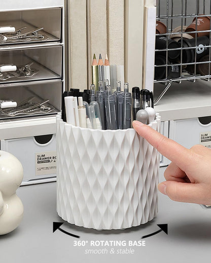 Lebenrich Rotating Pen Holder for Desk, 5 Slots Unique White Desk Organizer Easthetic Desktop Supplies and Accessories for Women Girls, Pencil Cup Caddy for Office Home Art Supply
