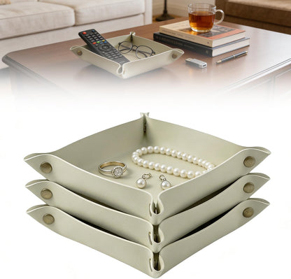 3 PACK PU Leather Jewelry Valet Tray Organizer, Foldable & Portable Catch All Bowl for Entryway Table, Nightstand, Desk & Travel | Storage Dish for Keys, Watch, Coin, Glasses (Brown)