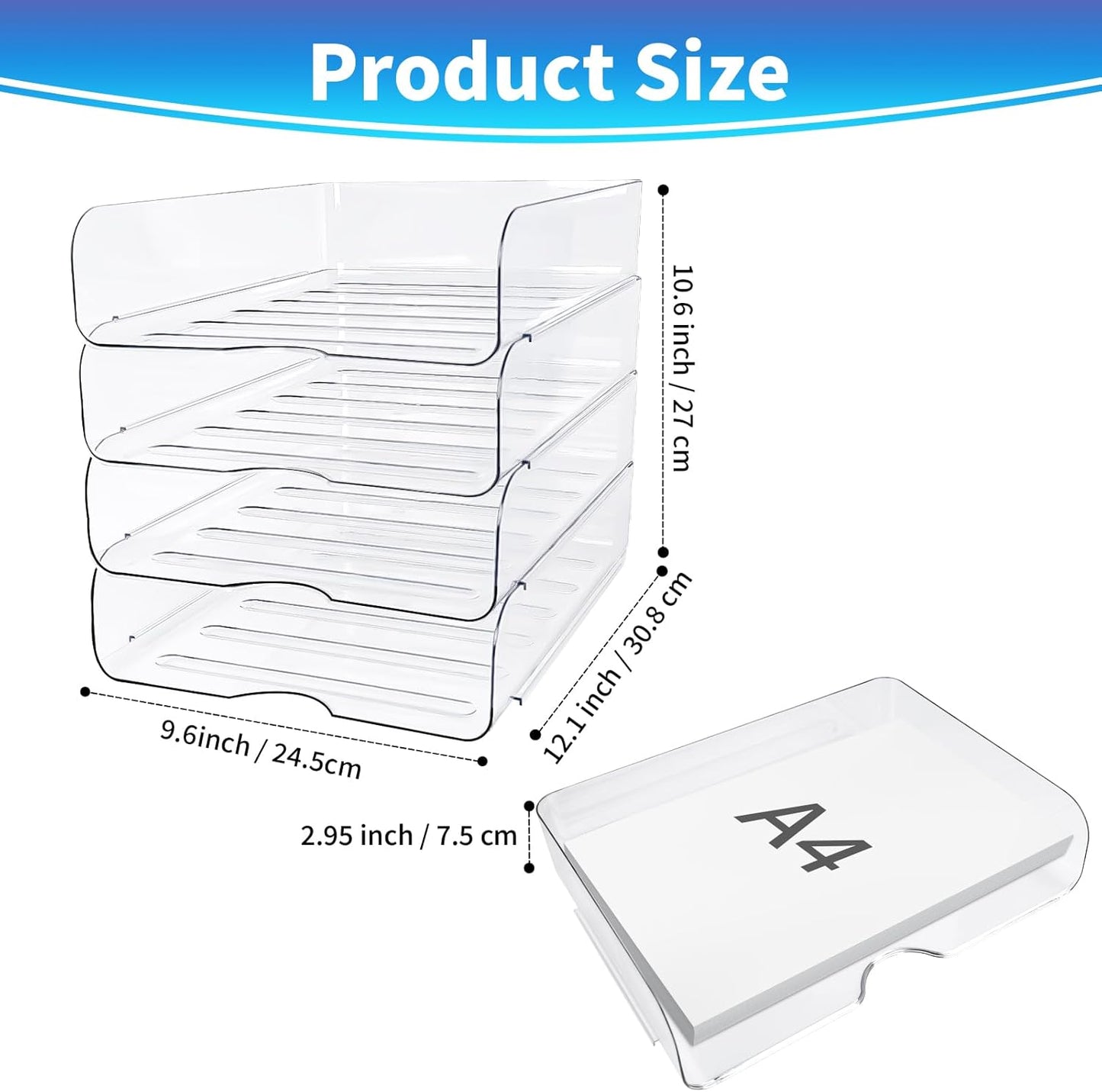 EXOFC Stackable Paper Letter Tray Organizer, 4-Pack Clear Desk File Holder for Paper, Office Organizer for A4 Documents, Books, iPad