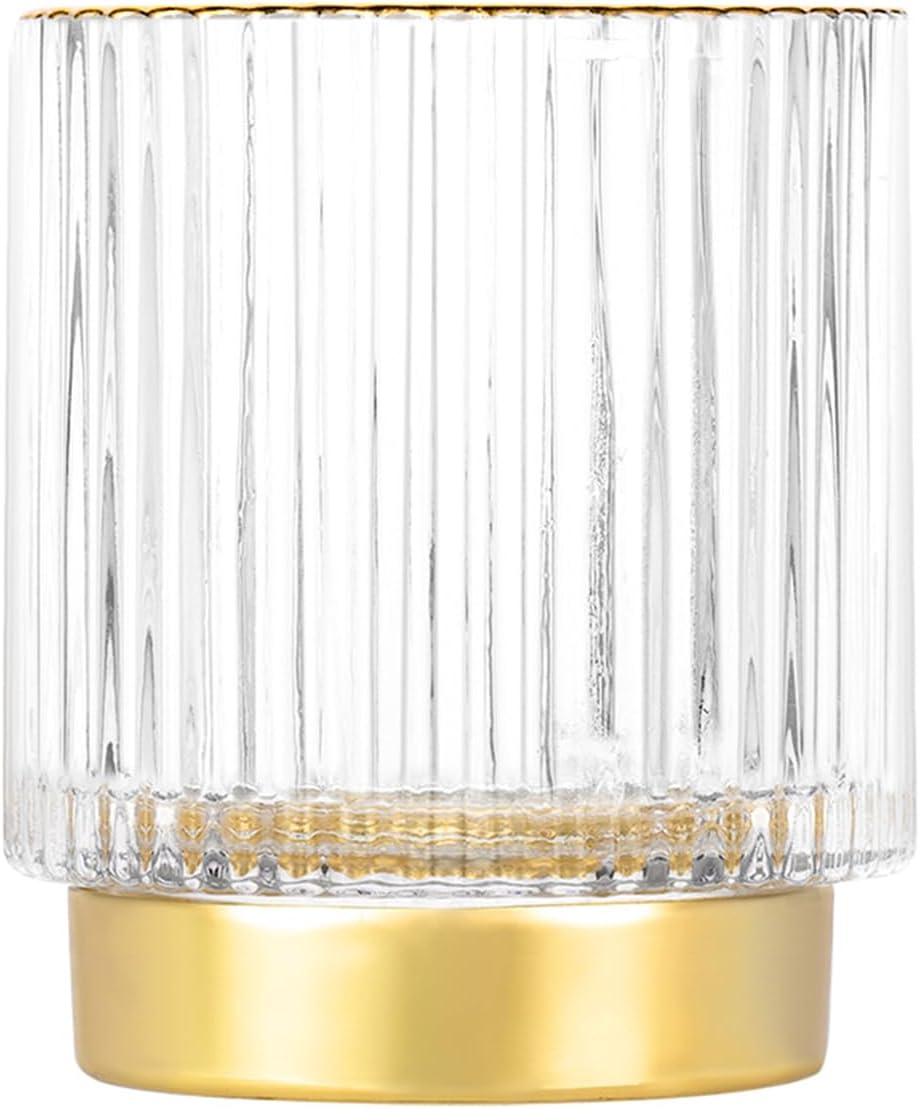 DASITON Makeup Brush holder Organizer,Crystal Cosmetic Makeup Brush Glass Brushes Storage Holder, Vintage Make Up Brush Cup Pen Pencil Holder striped vase(Coffee S)