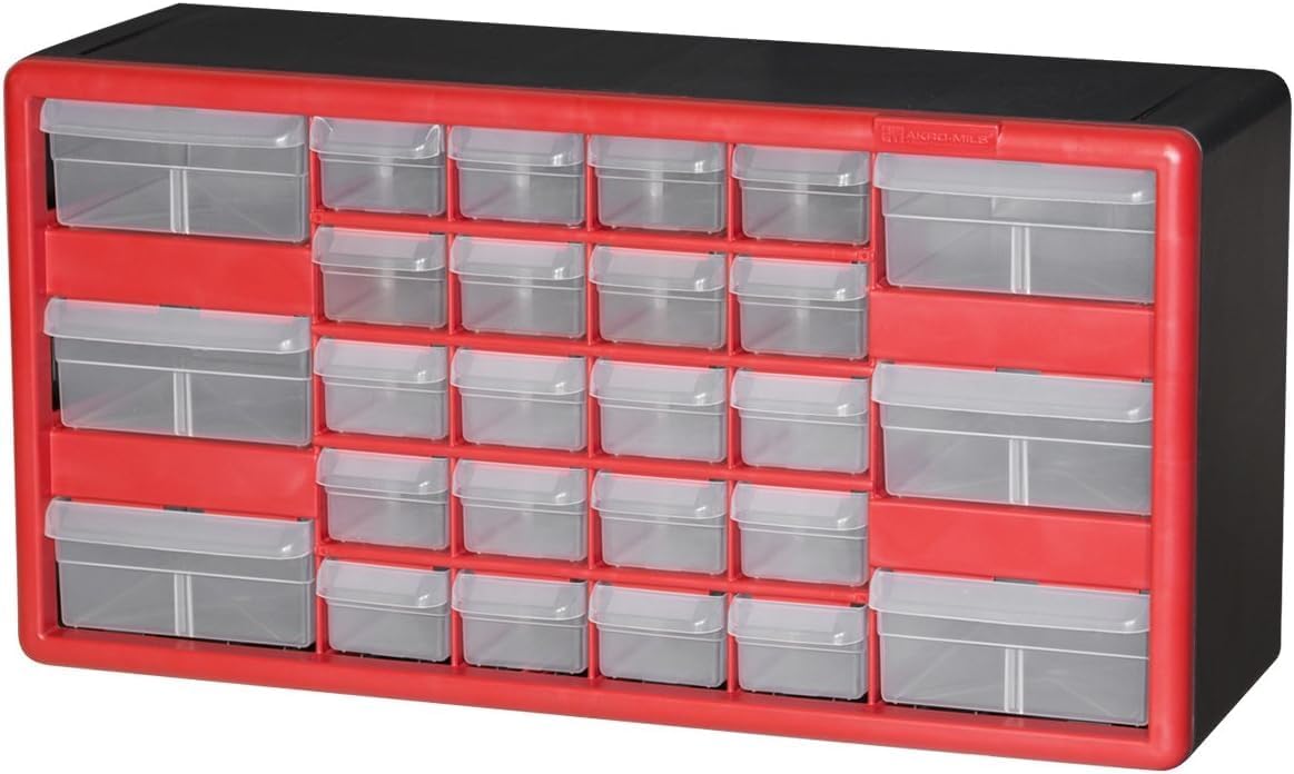 Akro-Mils 24-Drawer Plastic Drawer Storage Cabinet for Garage Organization, Bead Organizer, Building Bricks Storage, Teacher Toolbox, Makeup Organizer, 20" W x 6" D x 16" H, 10124 Black