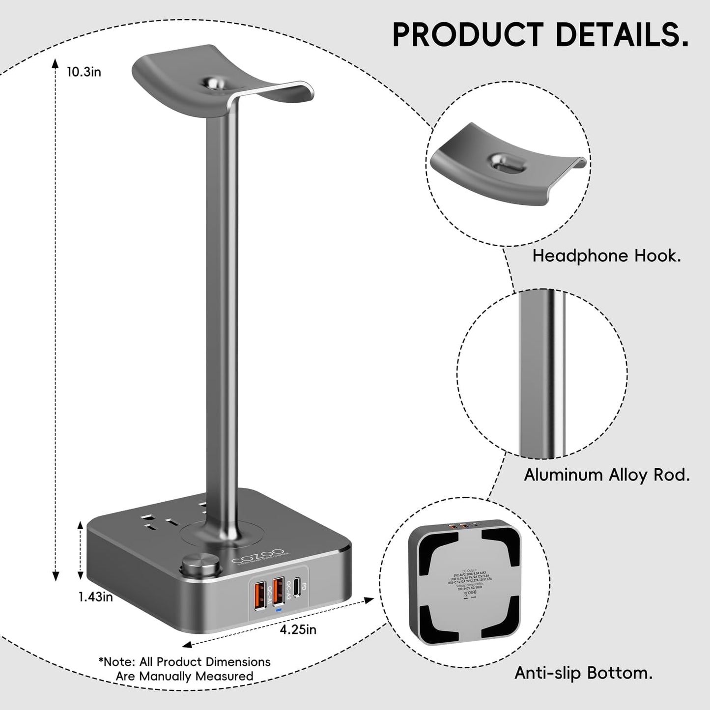 COZOO Headphone Stand with USB Charger Desktop Gaming Headset Holder Hanger with 3 USB Charging Station and 2 Outlets Power Strip,Suitable for Gaming, DJ,Wireless Earphone Display, Gamer Gifts for Men