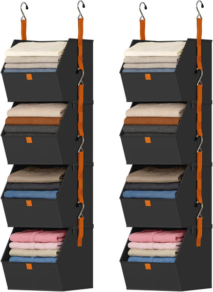 DIMJ Hanging Closet Organizer - 4 Tier Collapsible Hanging Shelves with Hooks Zipper, Fabric Clothes Organizer, Space-Saving Storage Bin Basket for RV, Bedroom, Laundry Organization