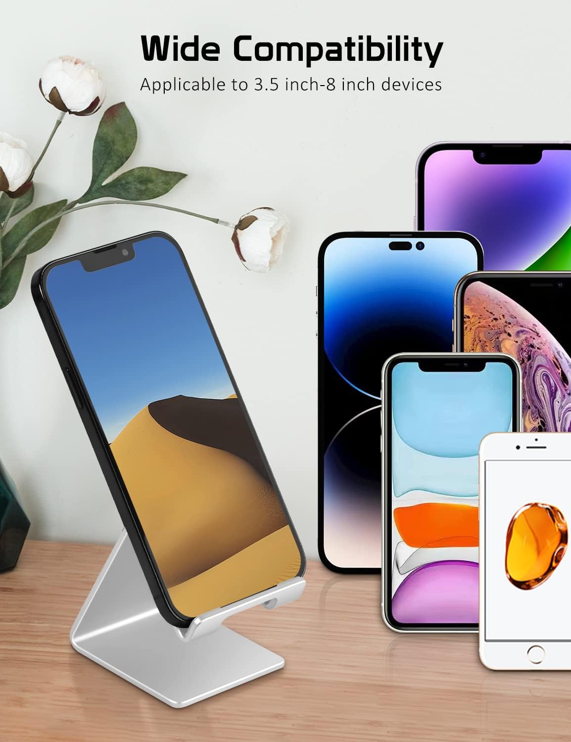 Desktop Cell Phone Stand Holder, Aluminum Solid Portable Universal Desk Stand for iPhone 16 15 14 13 12 11 X 8 7 6 Plus 5 Ipad 2 3 4 Mini Samsung Huawei All Mobile Smart Phone, Silver