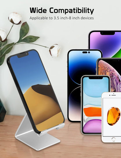 Desktop Cell Phone Stand Holder, Aluminum Solid Portable Universal Desk Stand for iPhone 16 15 14 13 12 11 X 8 7 6 Plus 5 Ipad 2 3 4 Mini Samsung Huawei All Mobile Smart Phone, Silver