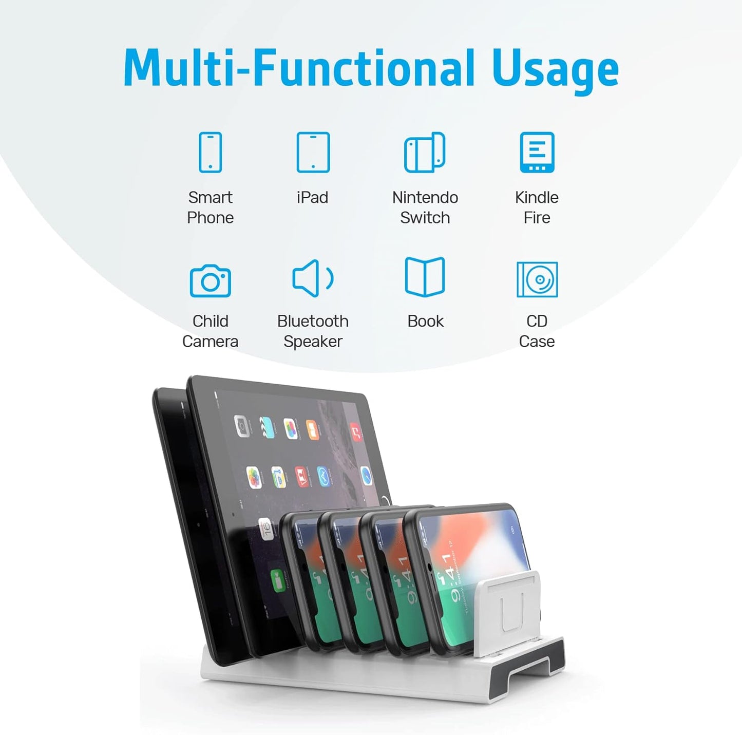 Unitek Adjustable Universal Multi Device Organizer Dock Stand Holder Compatible iPhone, iPad, Kindle, Fire Tablet, Samsung Galaxy, Google Nexus, Pixel, All Electronic Devices-No Charging Port