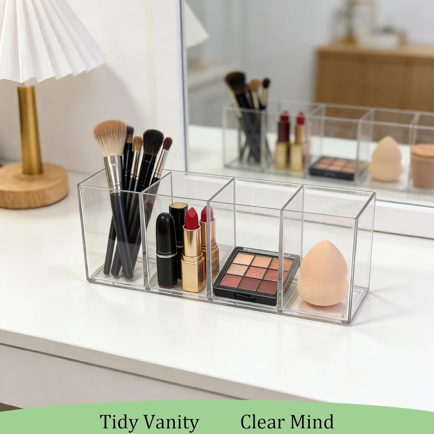 2 Pack Acrylic 3-Compartment Organizer Box, Storage Box with Lid, Clear Pen Holder Organizer Makeup Brush Holder for Office Desk Accessories, Cosmetic Brush Storage Box, Dorm, Bathroom, Kitchen