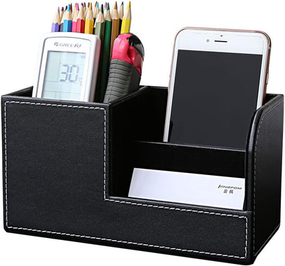 KINGFOM Desk Organizer Office Supplies Caddy Pu Leather Multi-function Storage Box Pen/Pencil,Cell phone, Business Name Cards Remote Control Holder with Small Drawer Black