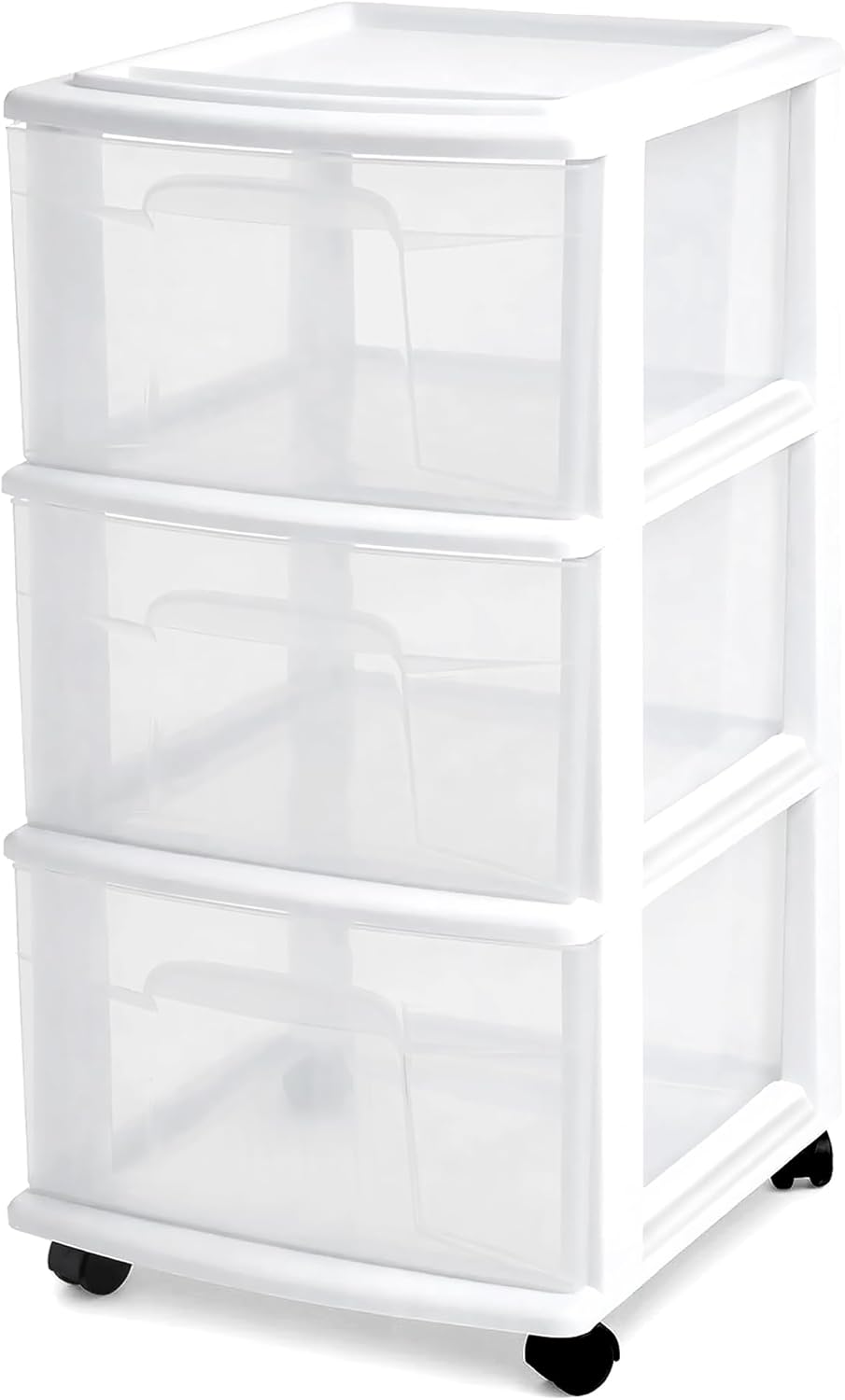 HOMZ Drawer Tower, 3-Tier Rolling Storage Cart with Removable Wheels, White Frame – Plastic Organizer with Clear Bin Drawers for Bedroom, Bathroom, Home Office, and Dorm Room