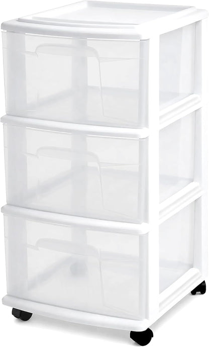 HOMZ Drawer Tower, 3-Tier Rolling Storage Cart with Removable Wheels, White Frame – Plastic Organizer with Clear Bin Drawers for Bedroom, Bathroom, Home Office, and Dorm Room