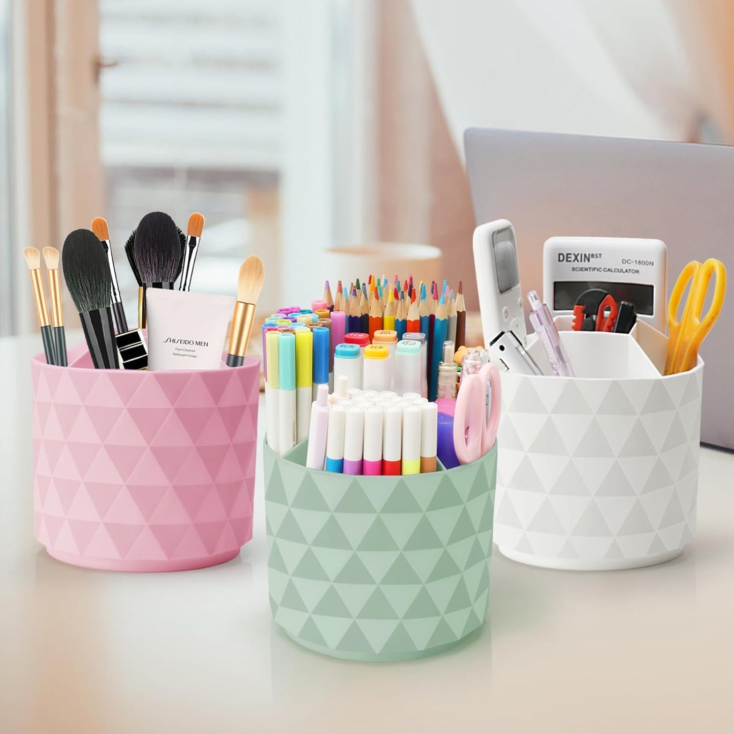 Desk Organizer, 360-Degree Rotating Pencil Pen Holders For Desk, Diamond Pattern Pen Organizer With 5 Compartments, Cute Desk Accessories Decor For Office, School,Home,Art Supply (Pink)