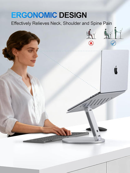 YICOSUN Adjustable Laptop Stand for Desk - 360° Rotating Ergonomic Riser with Aluminum Cooling Vents & Sturdy Construction for 10-16 Inch MacBook Pro/Air, Foldable Portable for Office & Home - Gray