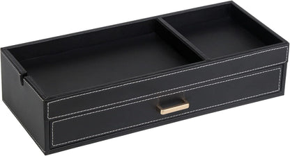 HofferRuffer Valet Jewelry Tray Organizer with Drawer, Faux Leather Storage Catchall Box Phone Charging Station Tray with Dresser Nightstand Desktop Drawer Organizer (Black)