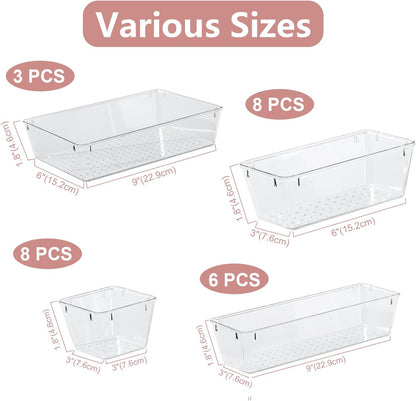 25-Piece Clear Plastic Drawer Organizer Set with 4 Sizes - Compartment Storage Bins, Drawer Dividers for Home, Office, Makeup, Jewelry, Gadgets, Kitchen and Bathroom Organization