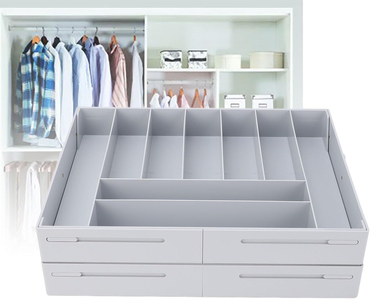 Extra Large and High Drawer Organizer, 2 Tier Smart Expandable Desk Organizer, Multi Level Junk Drawer Organizer for Makeup, Jewelry, Desk, Office Drawers (Gray)
