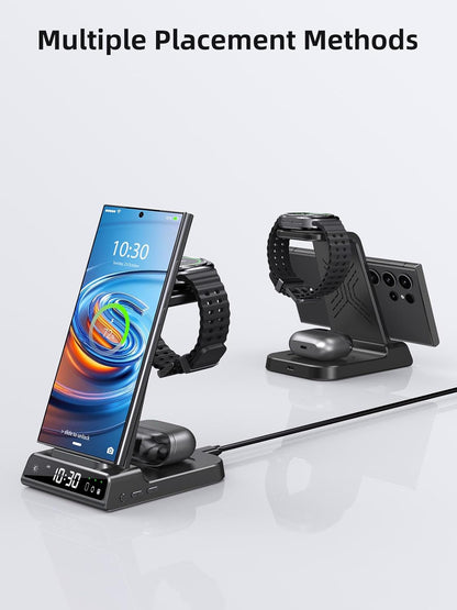 Wireless Charger for Samsung Charging Station: 3 in 1 Android Charging Stand with Dimmable Clock - Nightstand Organizer for Galaxy S25 Ultra, Galaxy Watch 8 7 6 5 4, Galaxy Buds, Space-Saving Charger