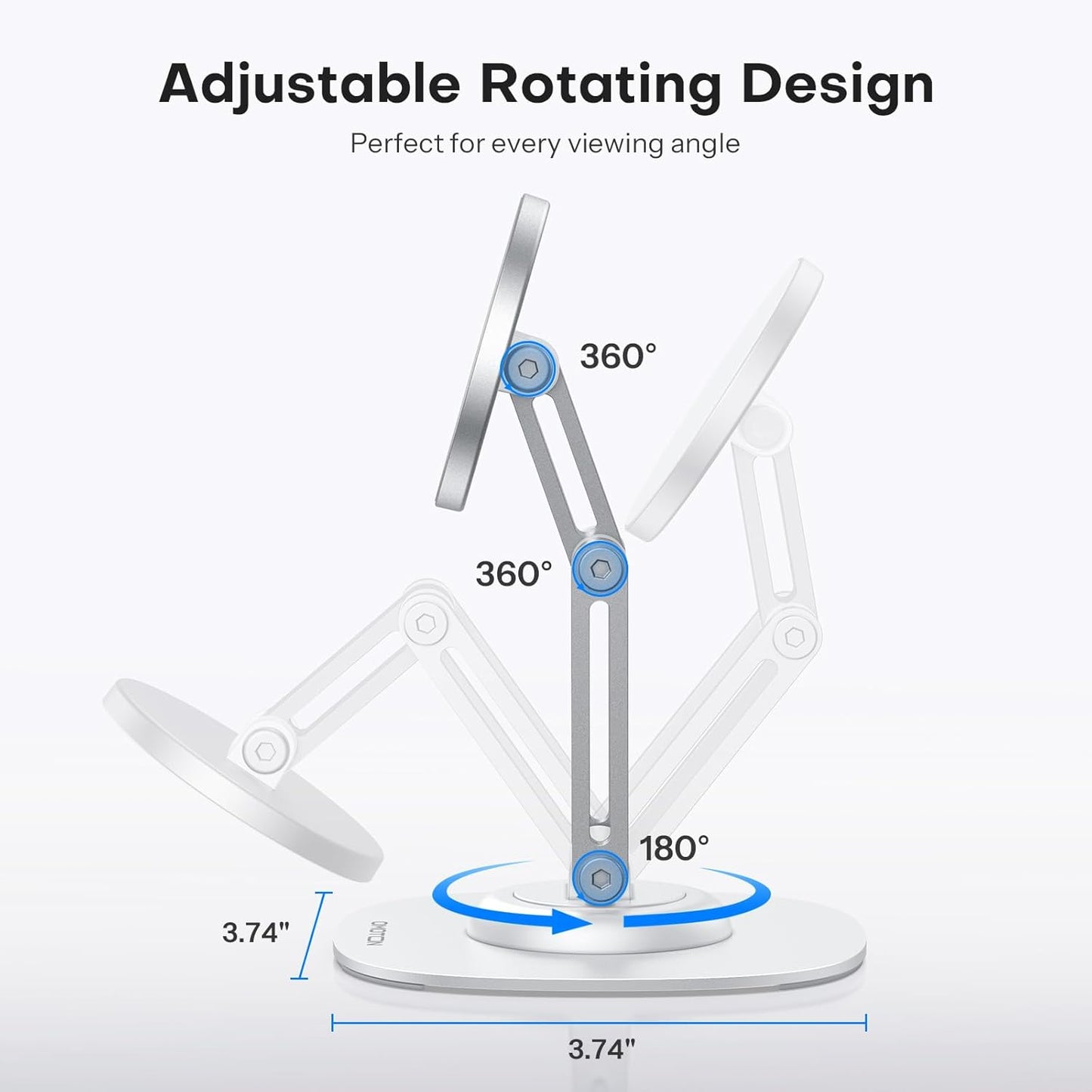 OMOTON 360°Rotating MS04 Magnetic Phone Stand for Desk, Adjustable Foldable Aluminum for MagSafe Cell Phone Stand Holder with Non-Slip Base, for iPhone 17/16/15/14 Pro Max Air, Black