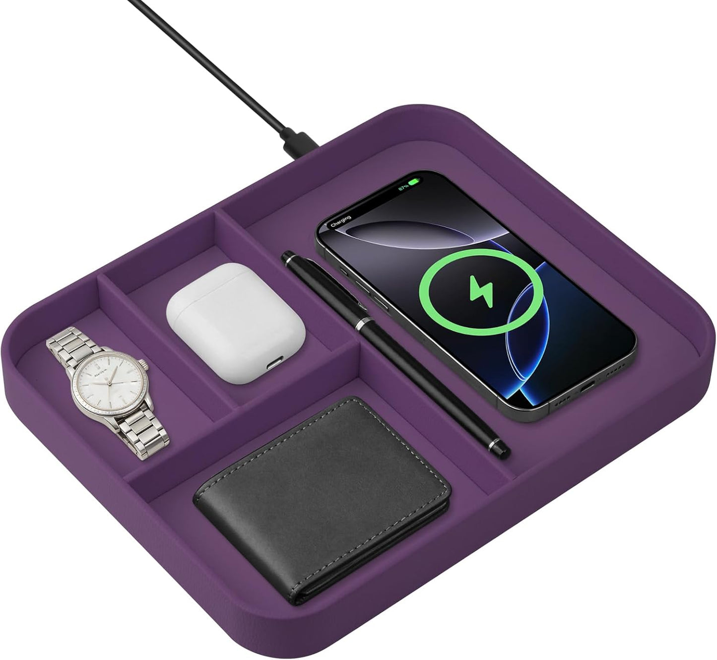 VOVIPO Birthday Gifts Bedside Organiser-Faux Leather Valet Tray With Wireless Charger For Phone And Earbuds,Nightstand Organizer,Mens Jewelry Box,Office Desk Organizers