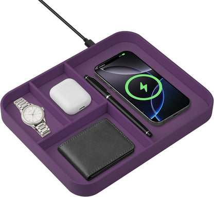 VOVIPO Birthday Gifts Bedside Organiser-Faux Leather Valet Tray With Wireless Charger For Phone And Earbuds,Nightstand Organizer,Mens Jewelry Box,Office Desk Organizers