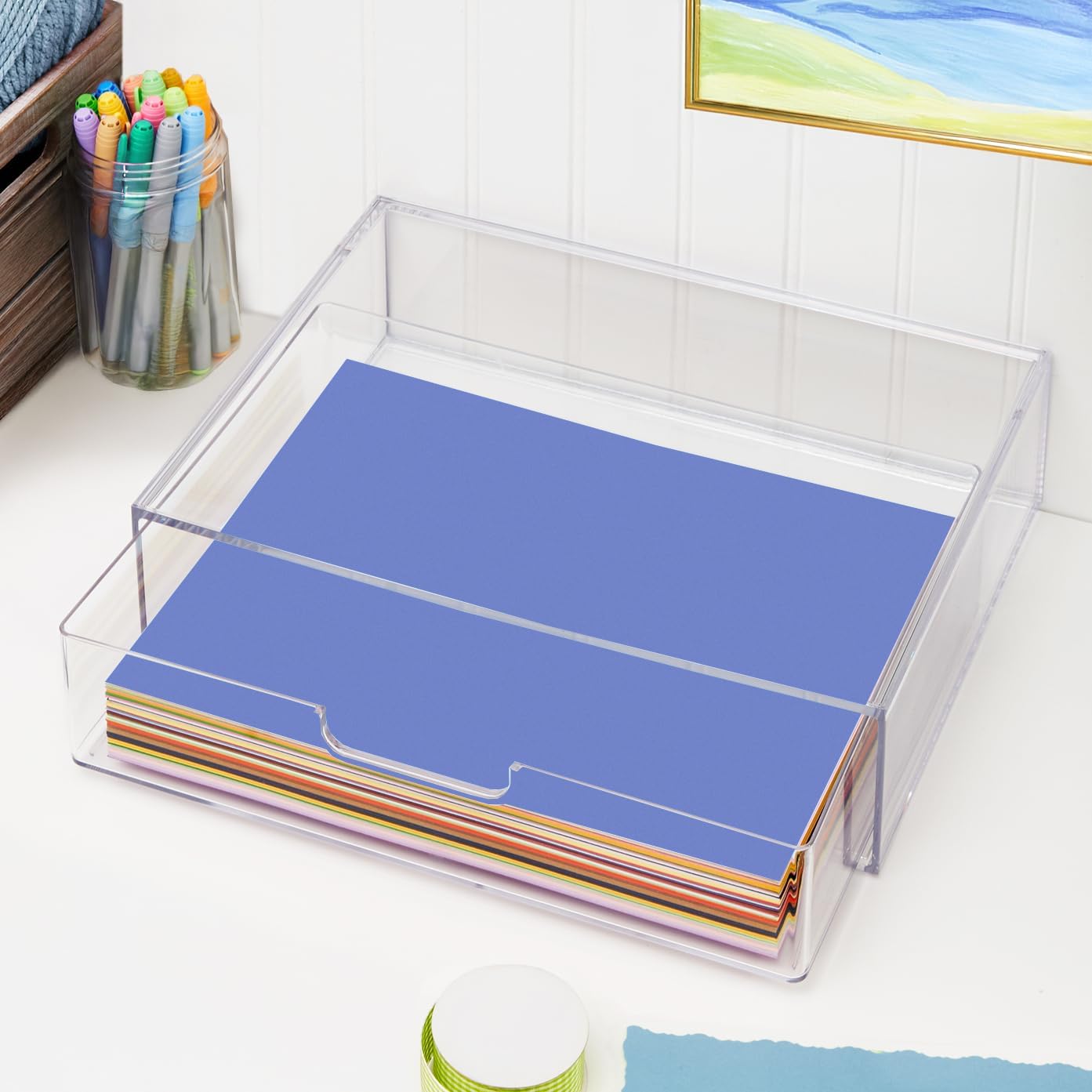 STORi STAX Plastic Stackable Organizer Drawers (Set of 2) Clear | 12.5" Wide | Set Includes Two Open Drawer | Organize Office Desk Accessories & Sort Paper | Made in USA