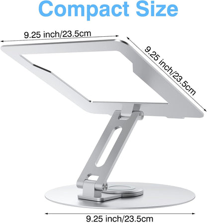 Swivel Laptop Stand for Desk, Adjustable Height Aluminum Computer Stand with 360 Rotating Base, Foldable Ergonomic Riser, Portable Laptop Holder Compatible with MacBook, All Laptops 10-17'', Grey