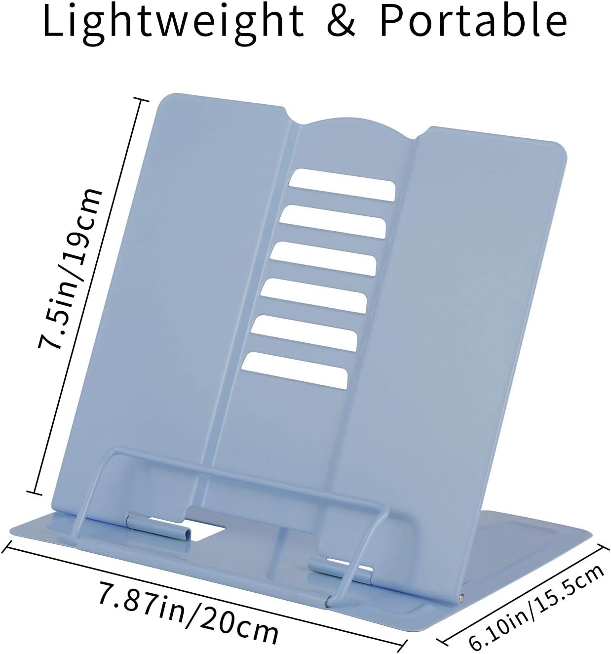 Blizzow Desk Book Stand Holder - Hands Free, Adjustable Metal Stand, Lightweight Foldable Portable - Cookbook, Tablet, Music Book, Documents (Light Blue)