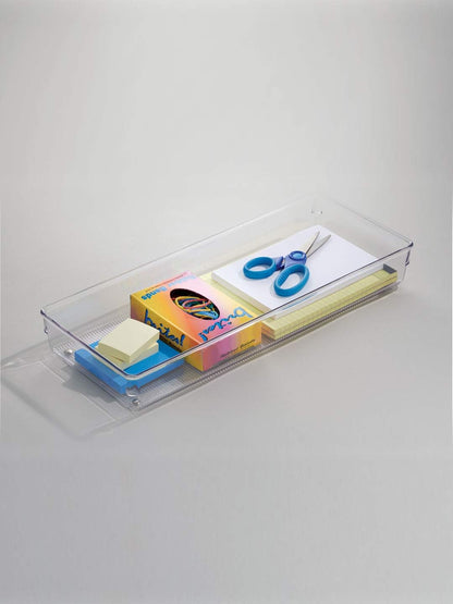 iDesign Linus Plastic Kitchen Drawer Organizer for Silverware, Spatulas, Cutlery, Gadgets, Office Supplies, Cosmetics, 6" x 15" x 2" - Clear