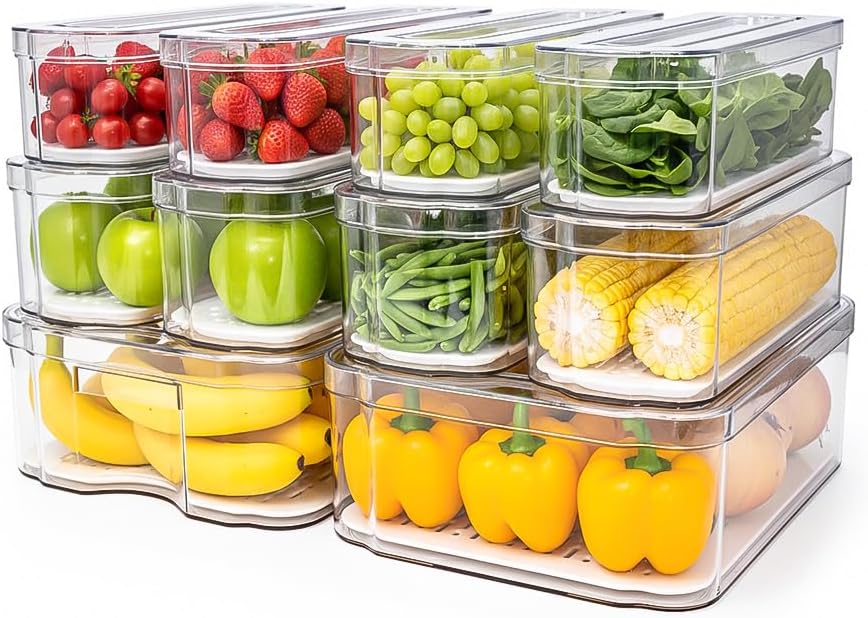 SMRCAD 8 Pack Refrigerator Organizers, Clear Pull-out Drawer Container and Organizer Bins with Lids, Stackable Storage Containers for Fruits, Vegetable (Set of 8 (Include Pull Out Drawer))
