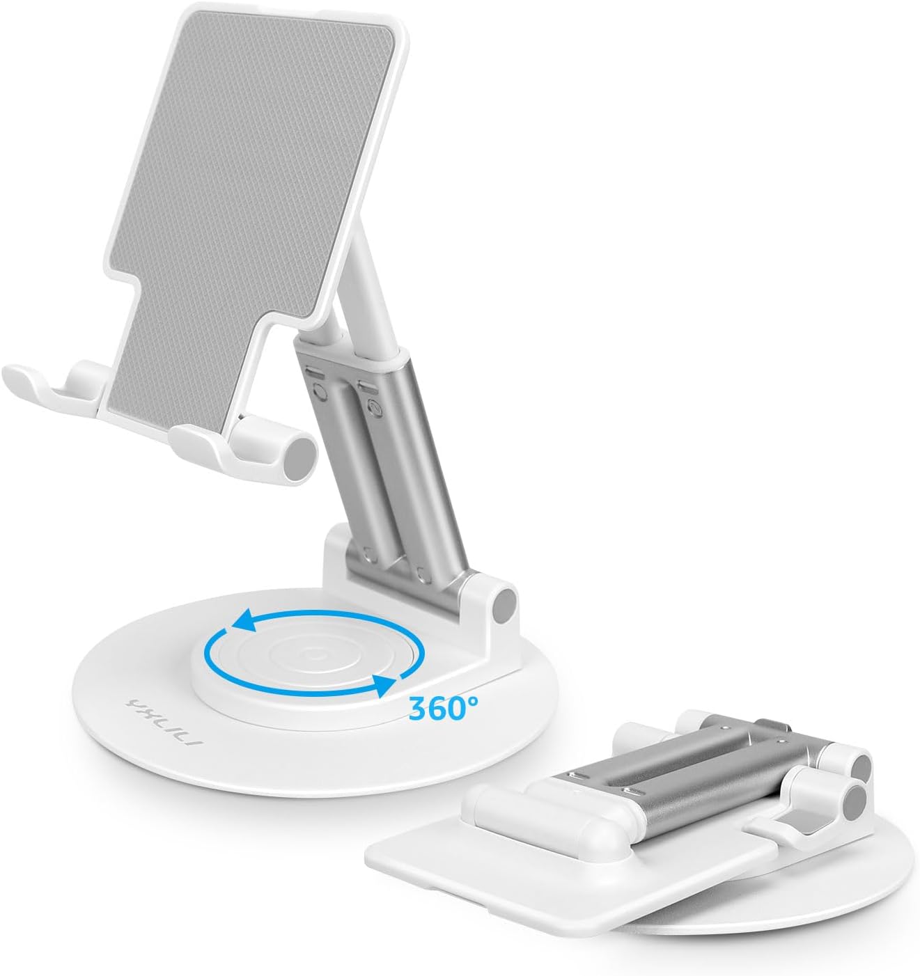 YXLILI Foldable Phone Stand Adjustable Angle Height Cell Phone Holder for Desk 360° Rotating Cellphone Stand for Office Compatible with iPhone14/13/12/11 Pro, Max, Mini, iPad(4-12.9 inch) (White)