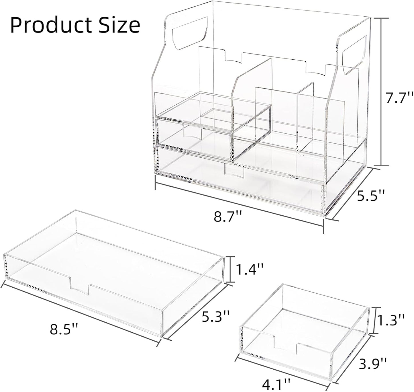 Cididu Acrylic Desk Organizer, Clear Desktop Storage with 2 Drawers for Office Supplies, Pen Holder, Stationery Caddy, Makeup Brushes, 7 Compartments Aesthetic Transparent Organizer for Home School