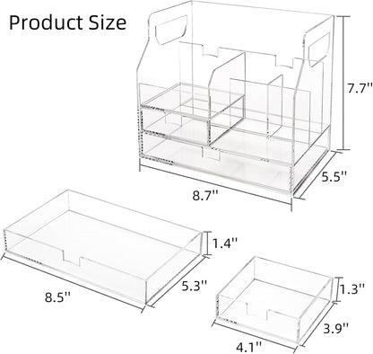 Cididu Acrylic Desk Organizer, Clear Desktop Storage with 2 Drawers for Office Supplies, Pen Holder, Stationery Caddy, Makeup Brushes, 7 Compartments Aesthetic Transparent Organizer for Home School